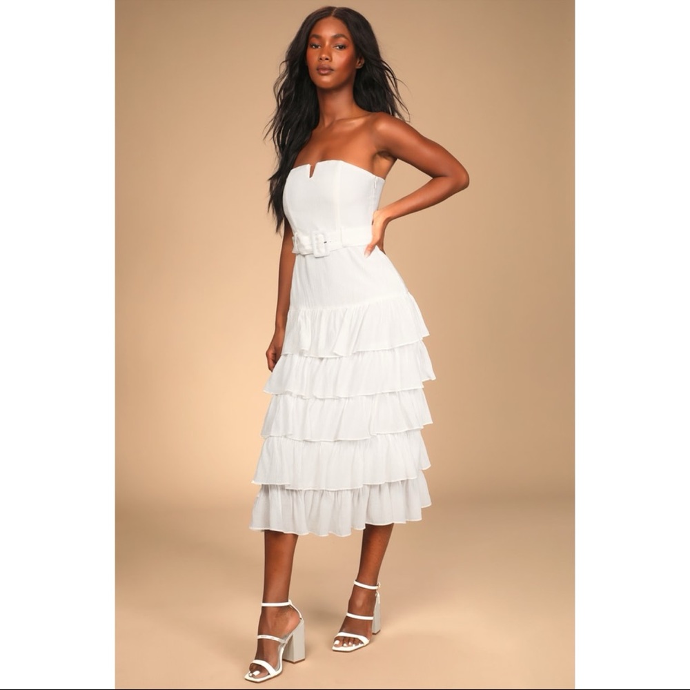 NWT Lulus Catch a Cruise White Strapless Belted Tiered Midi Dress Large